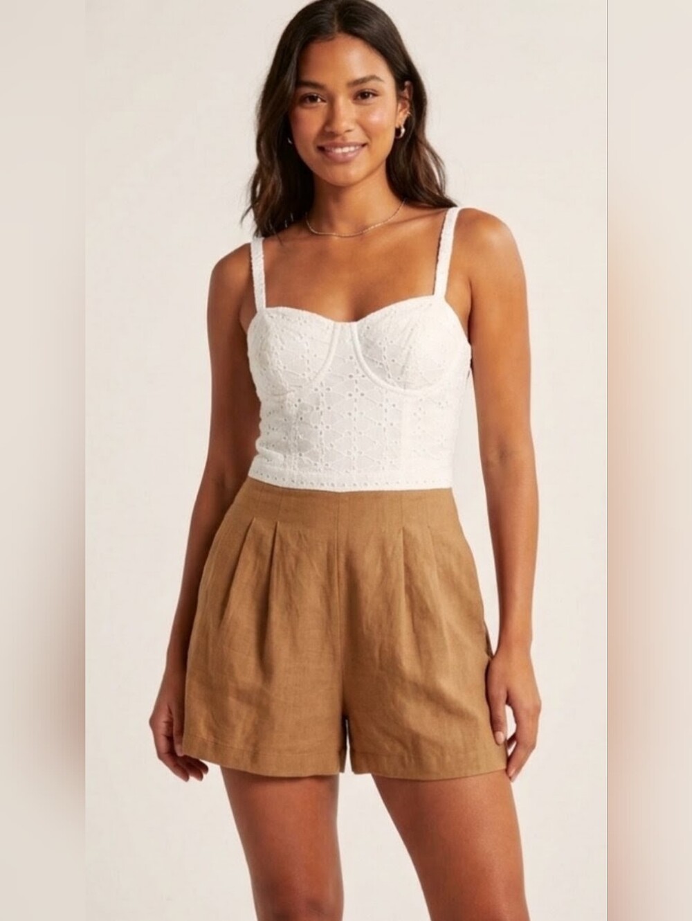 Cottagecore Mermaid Romper Addie camel brown shorts white eyelet top